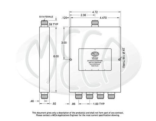 804-4-3.250WWP Power Divider N-Female connectors drawing