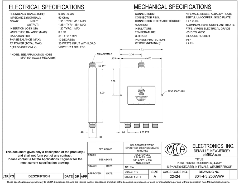 804-4-3.250WWP 4 Way N-Female Power Dividers electrical specs