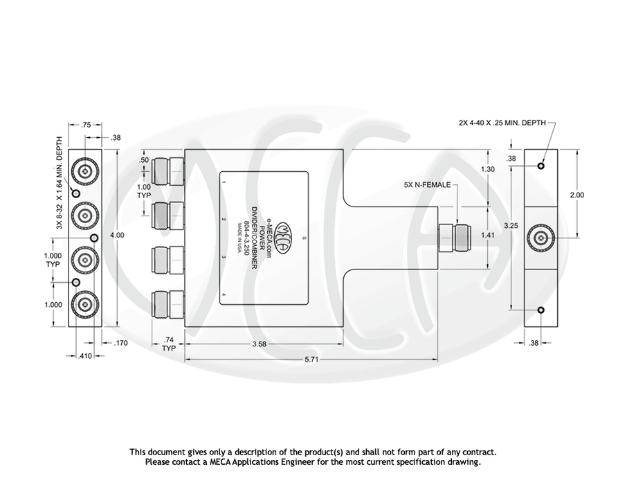 804-4-3.250 Power Divider N-Female connectors drawing