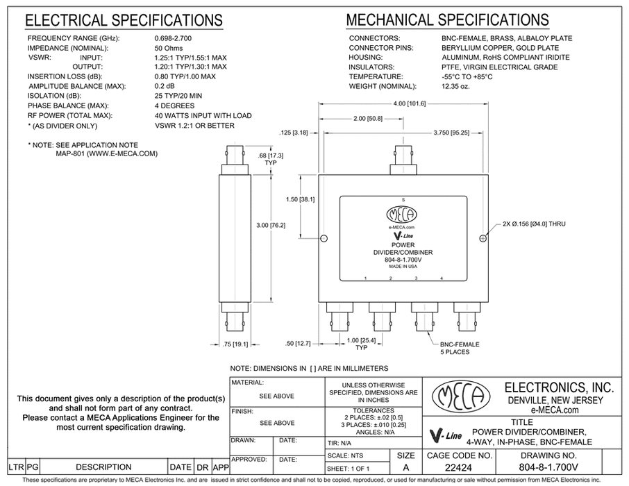 804-8-1.700V 4 W BNC Power Divider electrical specs