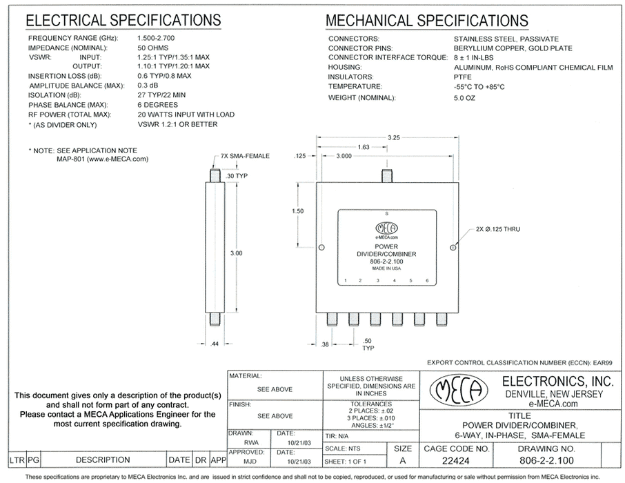 806-2-2.100 6 W SMA-Female Power Divider electrical specs