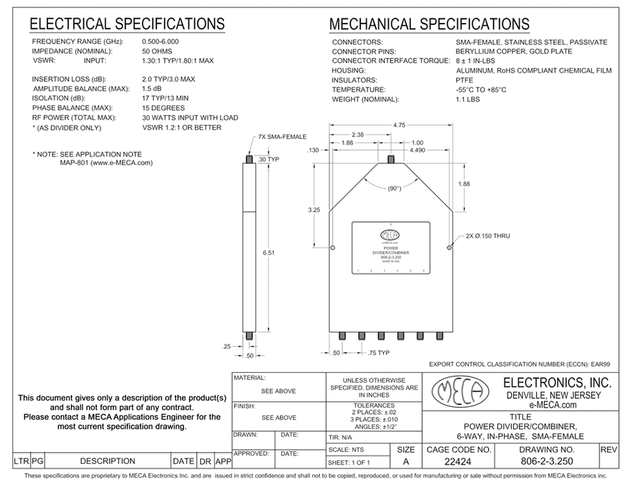 806-2-3.250 6W SMA-Female Power Divider electrical specs