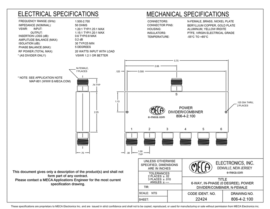 806-4-2.100 6 W N-F Power Divider electrical specs