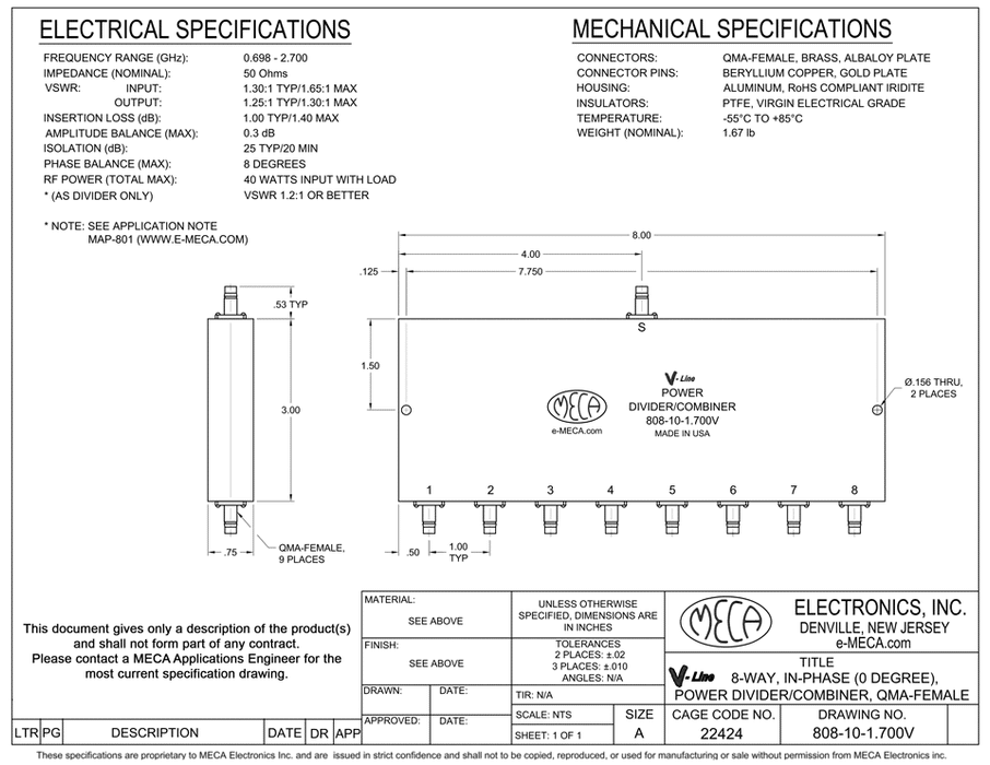 808-10-1.700V 8 W QMA-Female Power Divider electrical specs