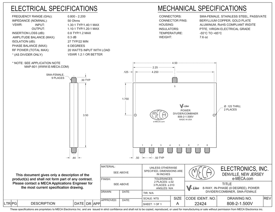808-2-1.500V 8-Way SMA-Female Power Divider electrical specs