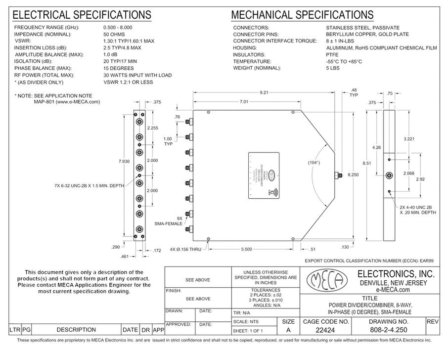 808-2-4.250 8W SMA Power Divider electrical specs