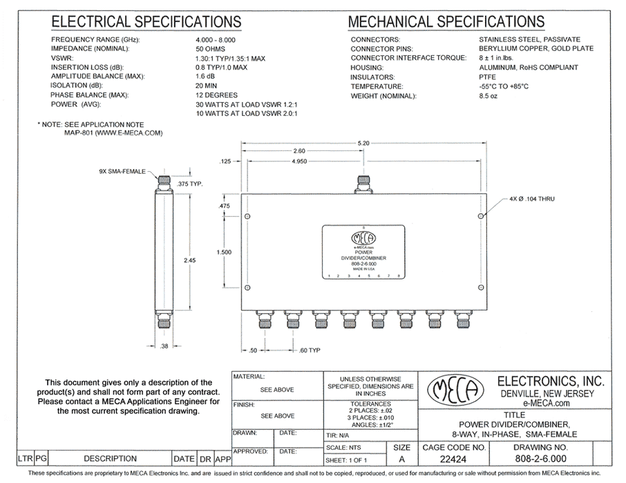 808-2-6.000 8W SMA Power Dividers electrical specs