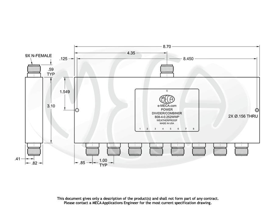 808-4-0.252WWP Power Divider N-Female connectors drawing