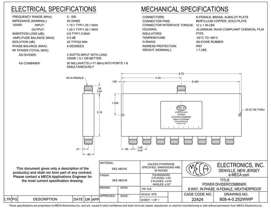 808-4-0.252WWP 8-Way N-Female Power Divider electrical specs