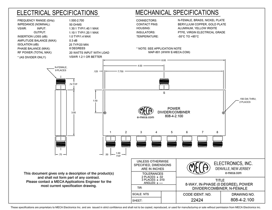 808-4-2.100 8 Way N F Power Dividers electrical specs