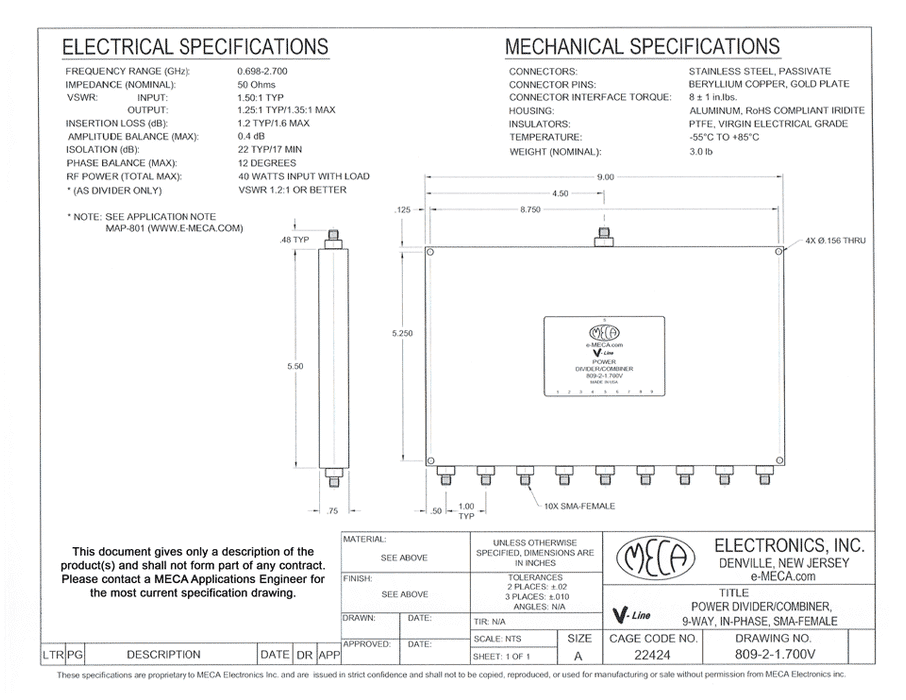 809-2-1.700V 9-Way SMA-Female Power Dividers electrical specs