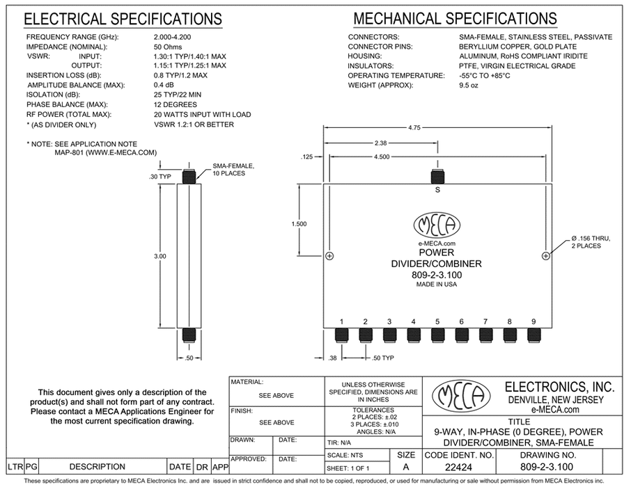 809-2-3.100 9-Way SMA-F Power Divider electrical specs
