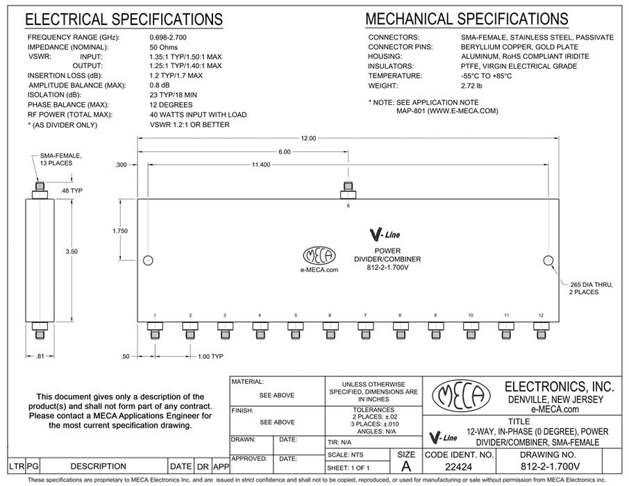 812-2-1.700V 12 Way SMA Female Power Divider electrical specs