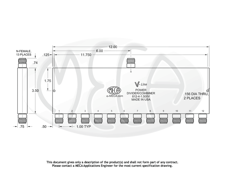 812-4-1.500V Power Divider N-Female connectors drawing
