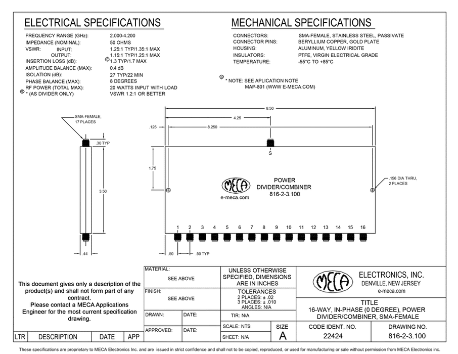 816-2-3.100 16W SMA-Female Power Divider electrical specs