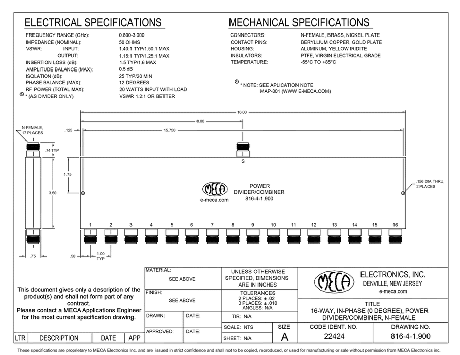 816-4-1.900 16-Way N-Female Power Dividers electrical specs