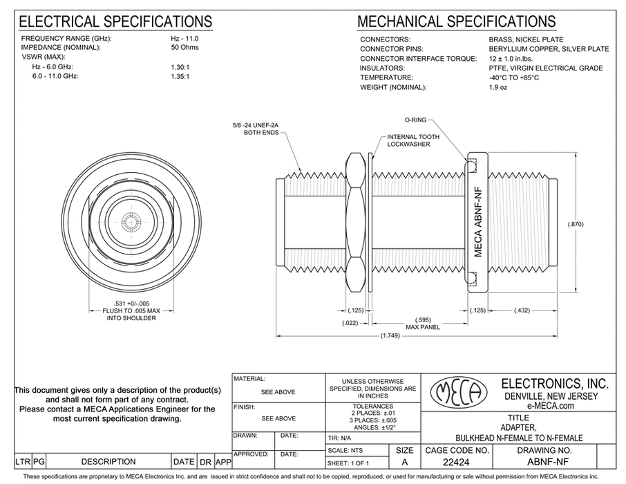 Adapter, ABNF-NF, N-Female to N-Female, Hz-11.0 GHz — MECA Electronics ...