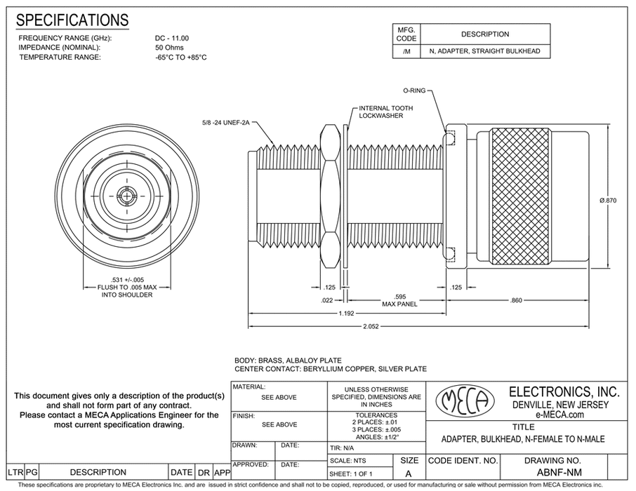 Adapter, ABNF-NM, N-Female to N-Male, DC-11.0 GHz — MECA Electronics, Inc.