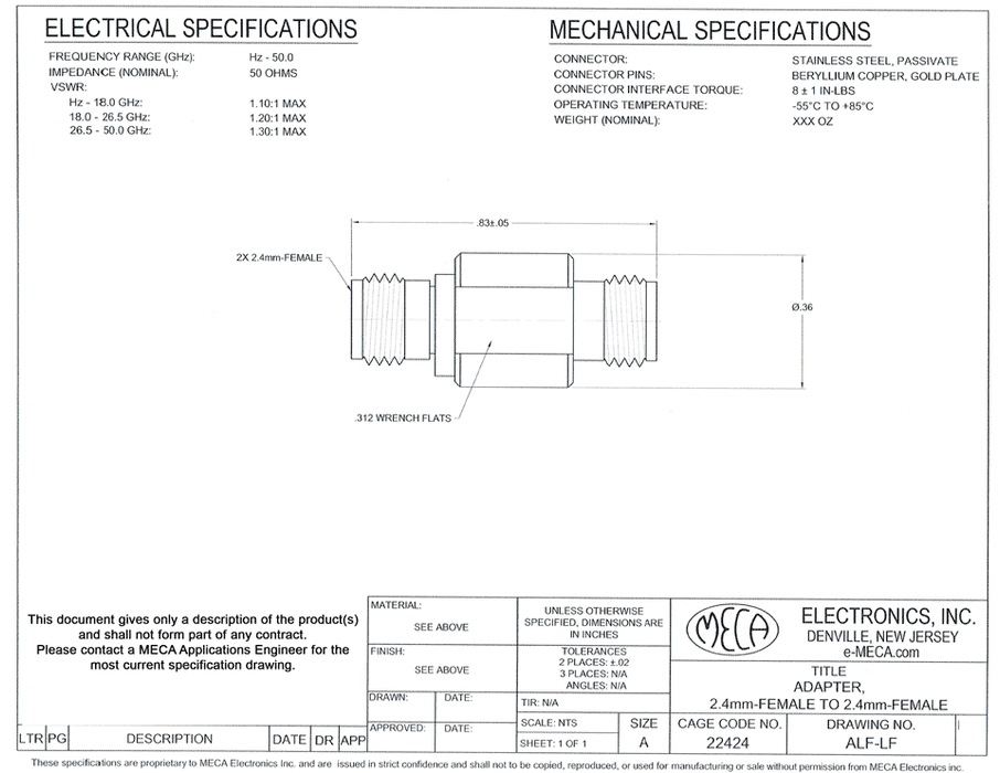 ALF-LF Adapter electrical specs 2.4mm Female