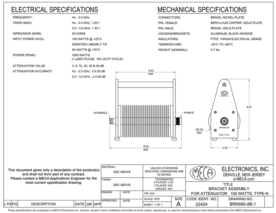 BRK690-10-1 100W Attenuators electrical specs