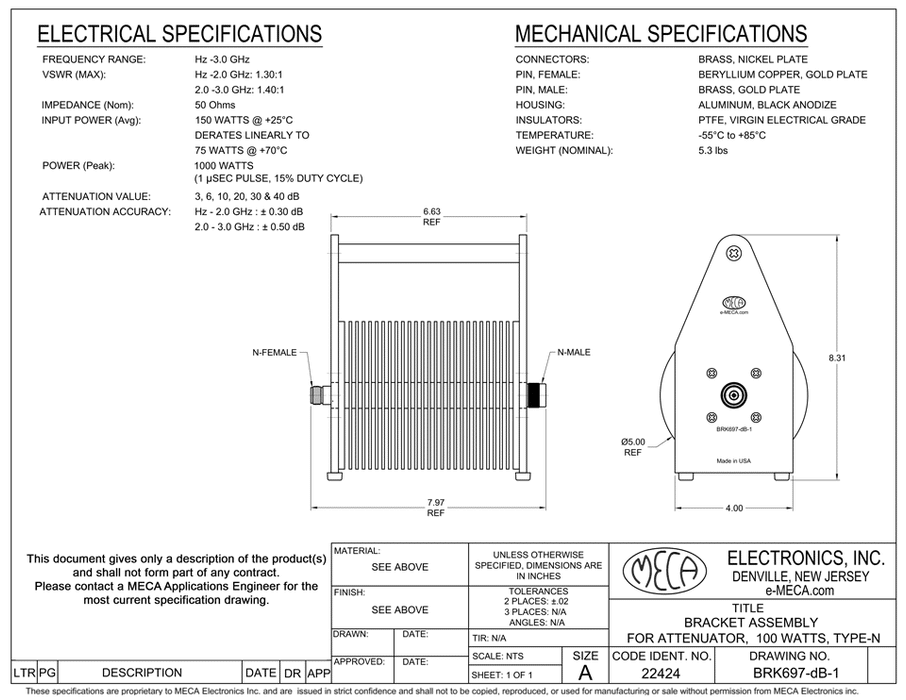 BRK697-40-1 N-Type Fixed Attenuator electrical specs