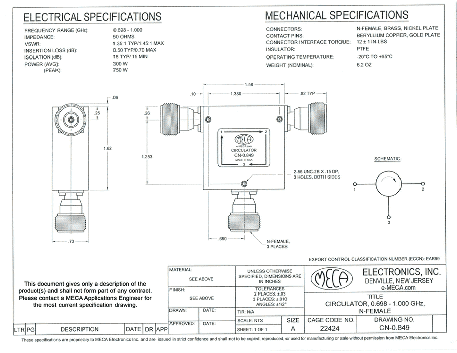 CN-0.849 300 Watts N-Female Circulators electrical specs