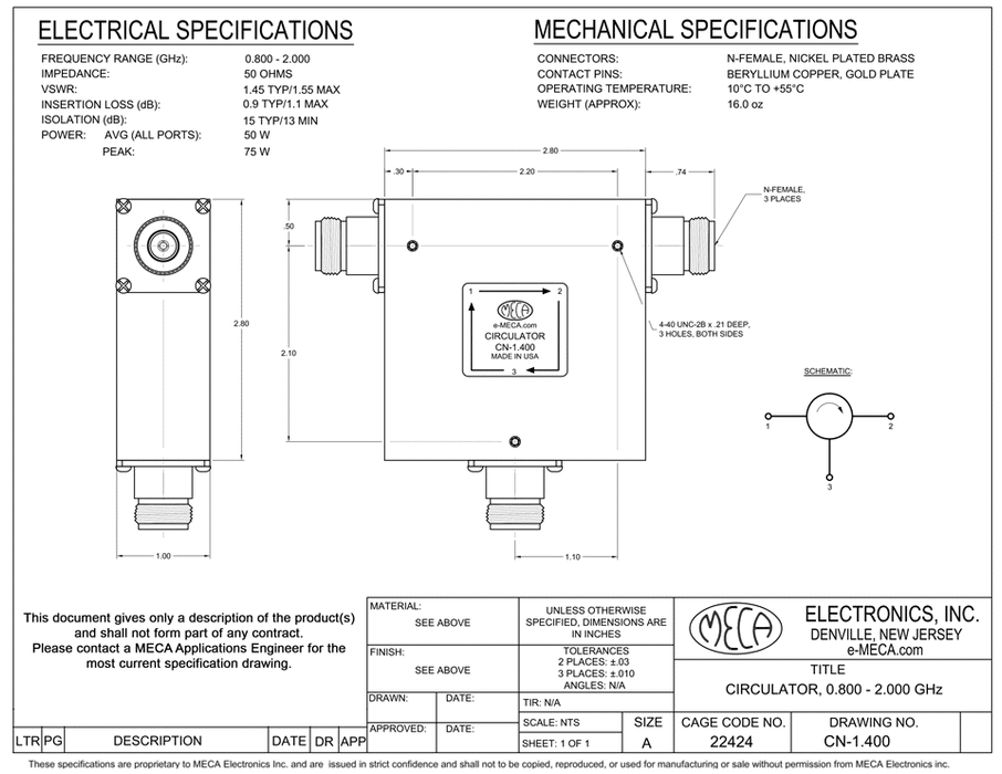 CN-1.400 RF Circulator electrical specs
