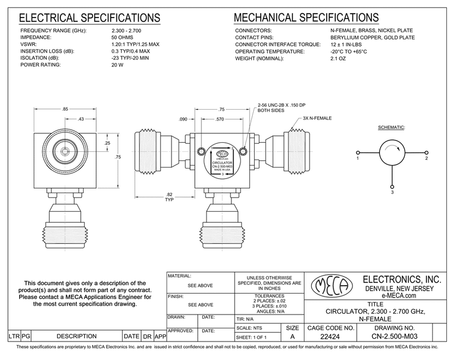 CN-2.500-M03 Microwave Circulator electrical specs N-Female