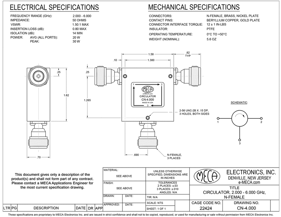 CN-4.000 RF Circulator electrical specs