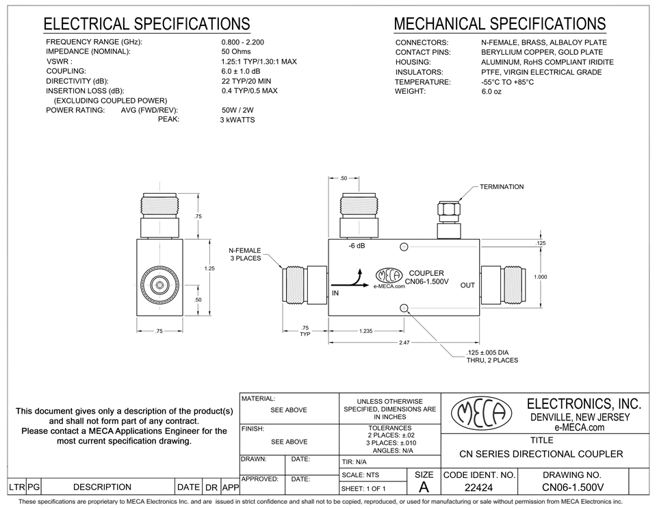 Cn06 N-Female Directional Coupler, CN06-1.500V, 50/2 Watts, 0.800-2.200 GHz ...