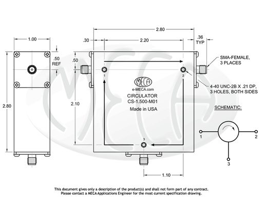CS-1.500-M01 Microwave Circulator SMA-Female connectors drawing