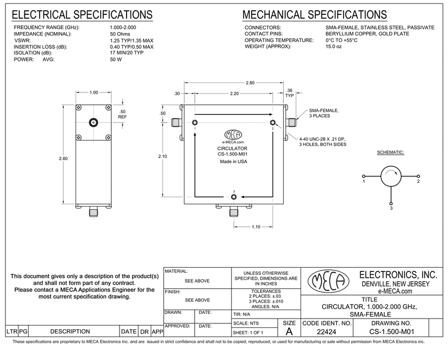 CS-1.500-M01 Microwave Circulator electrical specs