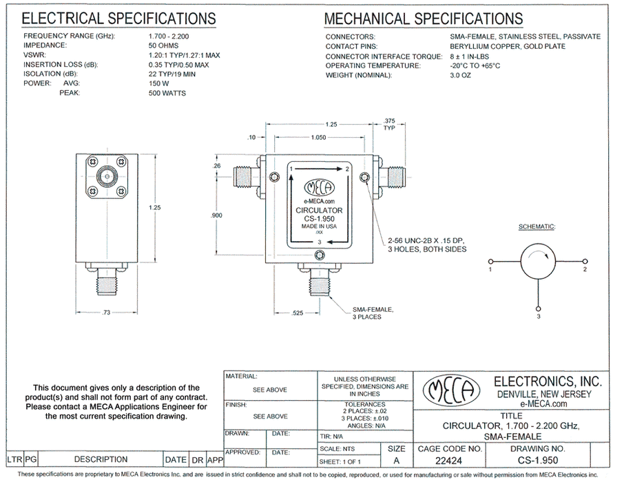 CS-1.950 Microwave Circulators electrical specs SMA-Female