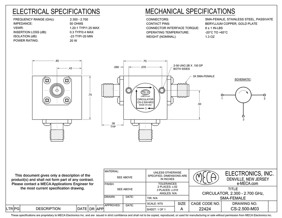 CS-2.500-M03 RF Circulator electrical specs