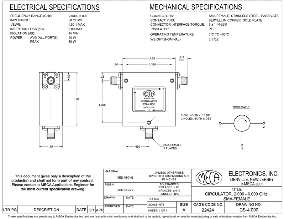CS-4.000 RF/Microwave Circulator electrical specs