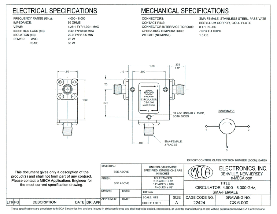 CS-6.000 RF/Microwave Circulators electrical specs
