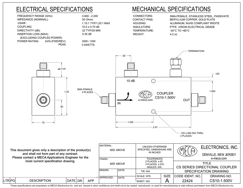 50/10 Watts Directional Coupler, CS10-1.500V, SMA-Female, 0.800-2.200 ...