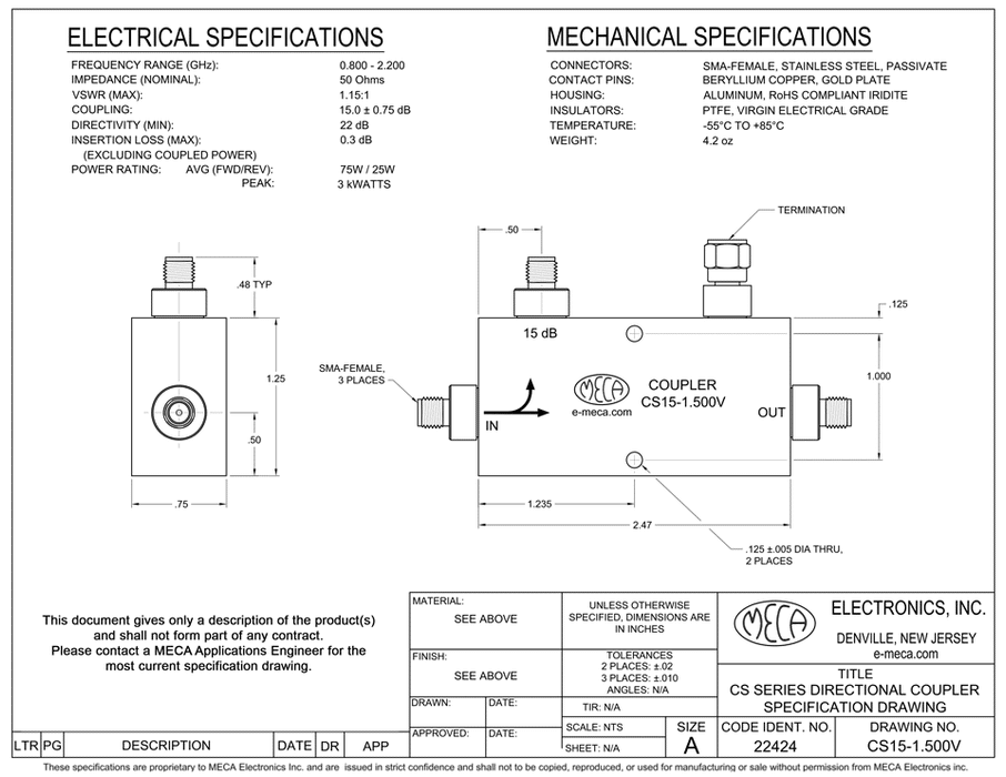 CS15-1.500V 75/25 Watts Directional Coupler electrical specs 