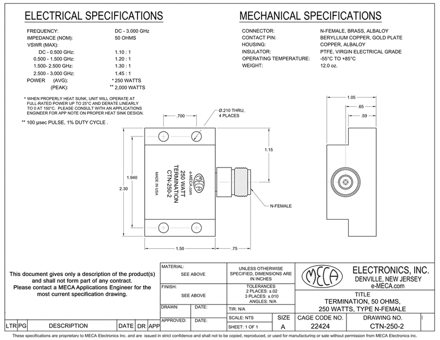 CTN-250-2 N-F-RF Load electrical specs