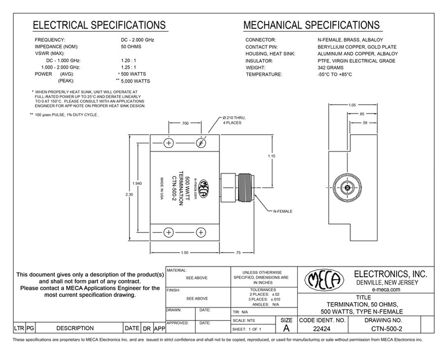 CTN-500-2 N-F-RF Loads electrical specs