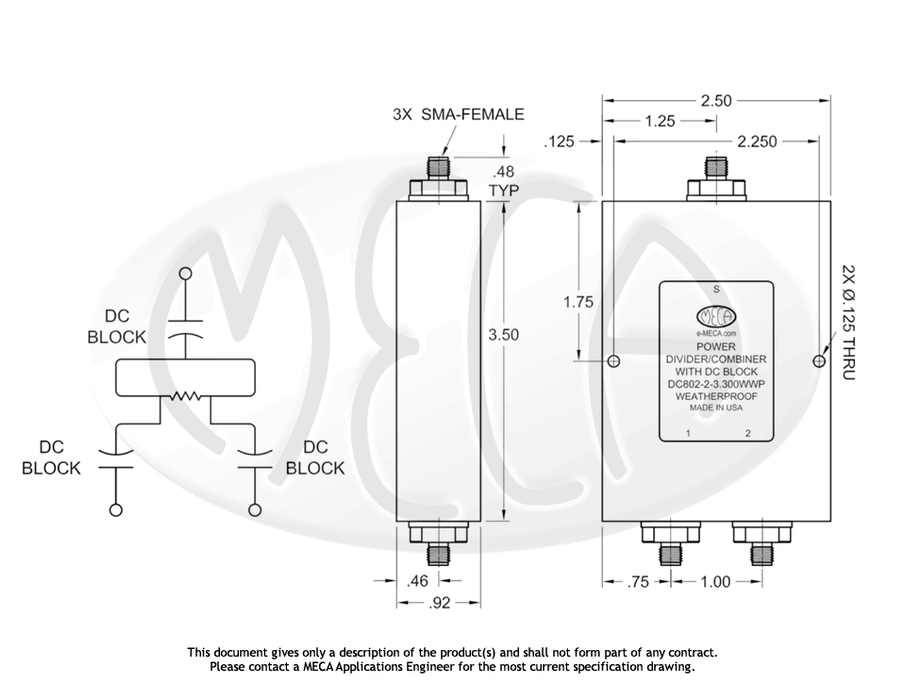 DC802-2-3.300WWP Power Divider SMA-Female connectors drawing