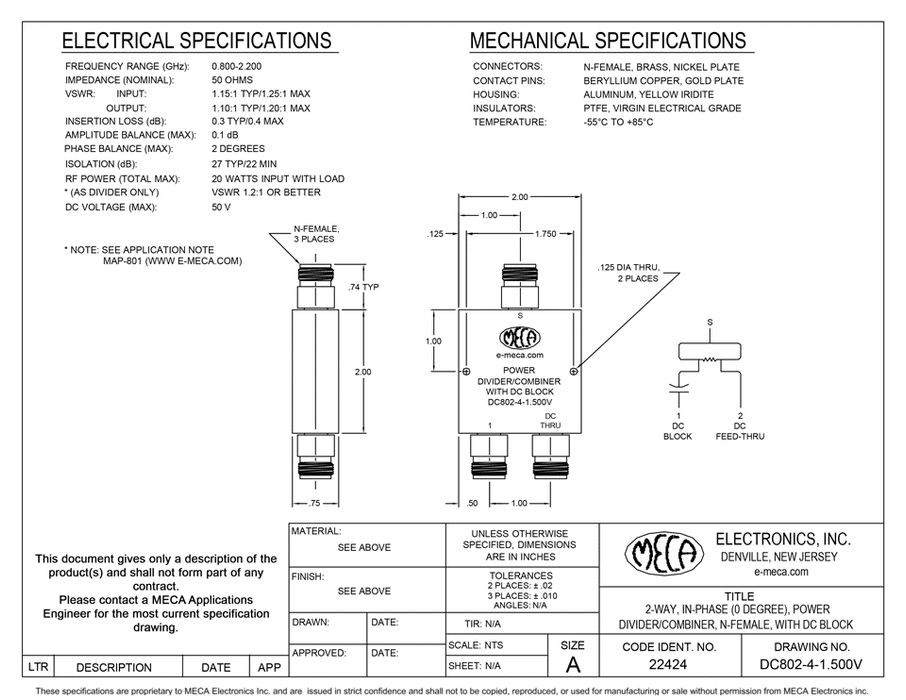 DC802-4-1.500V 2 Way N-Female Power Divider electrical specs