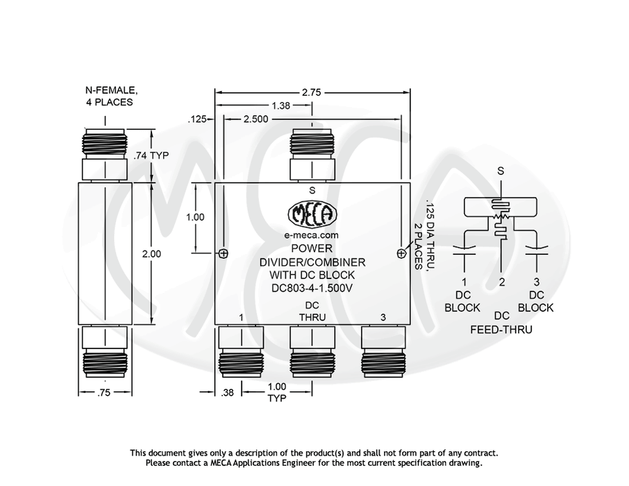 DC803-4-1.700V Power Divider N-Female connectors drawing