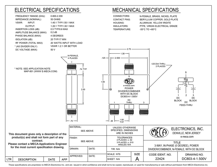 DC803-4-1.700V 3 Way N-Female Power Divider electrical specs