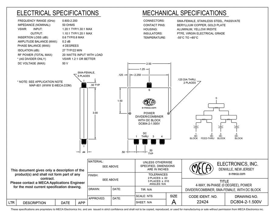 DC804-2-1.500V 4 Way SMA-Female Power Divider electrical specs