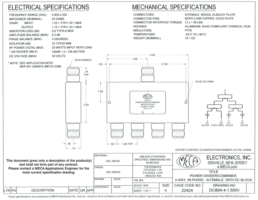 DC804-4-1.500V 4 W N-Female Power Divider electrical specs