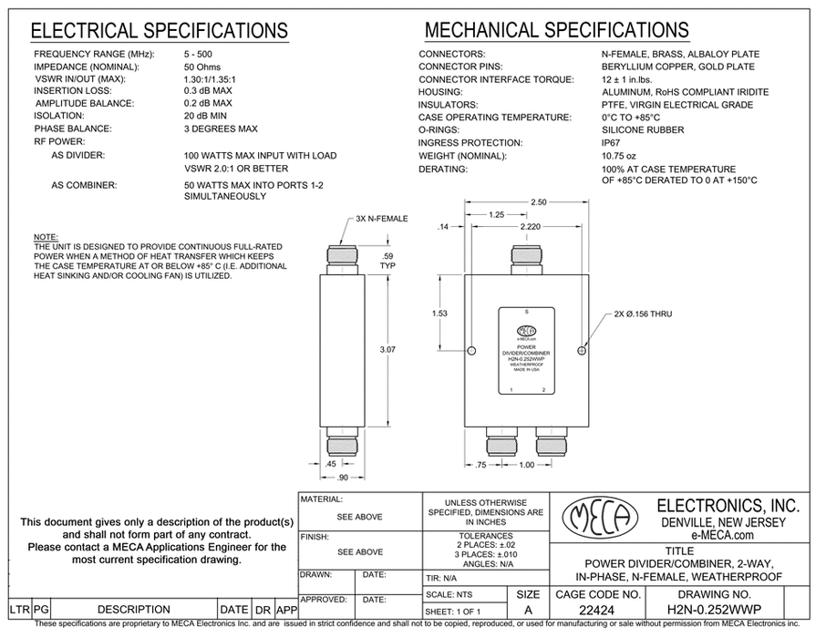 H2N-0.252WWP 2W N-Female Power Divider electrical specs