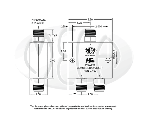 H2N-0.460 Power Divider N-Female connectors drawing