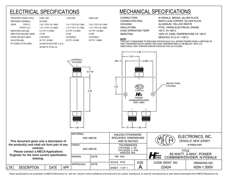 H2N-1.500V 2-W N-F Power Divider electrical specs