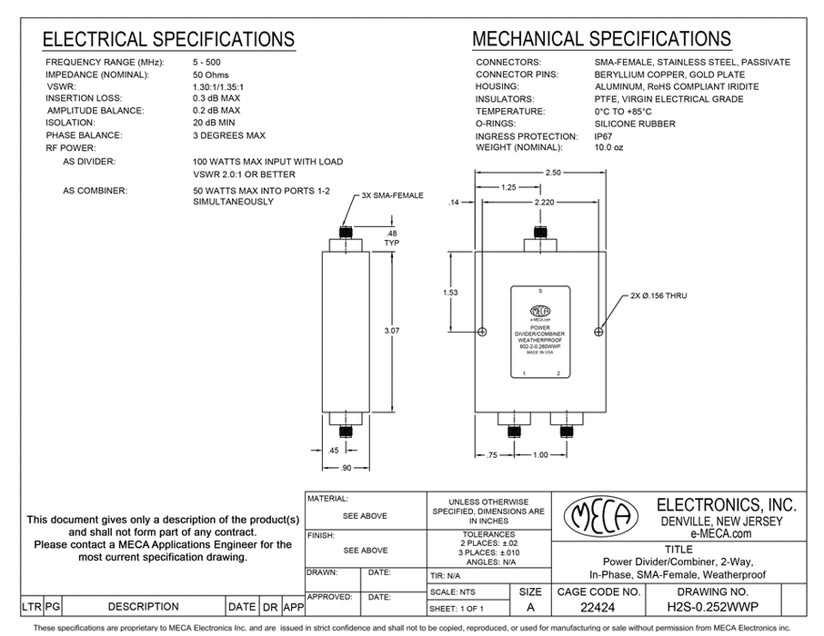 H2S-0.252WWP 2W SMA Power Divider electrical specs
